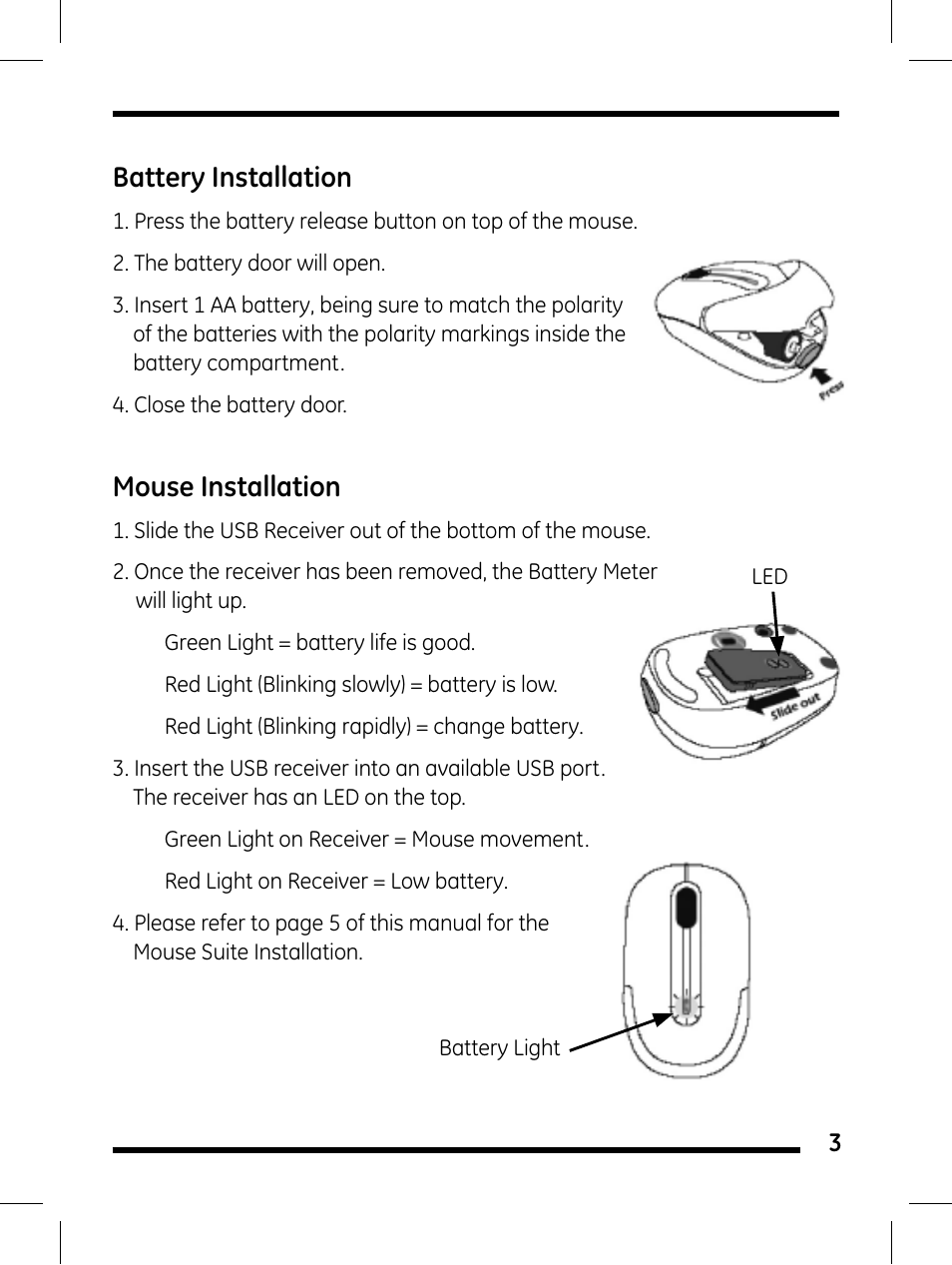 Battery installation, Mouse installation | GE 98504 User Manual | Page 3 / 12