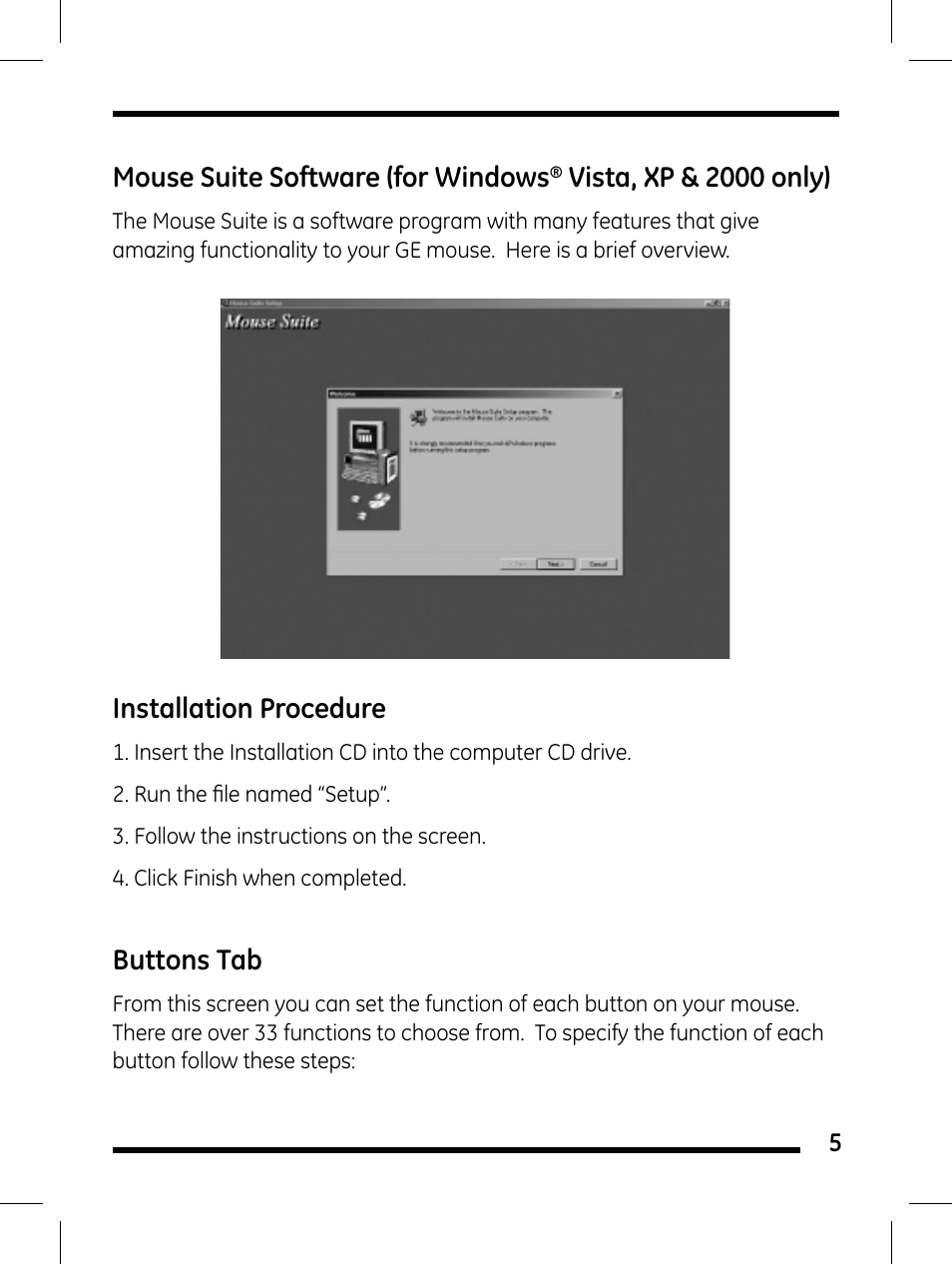 Mouse suite software (for windows, Vista, xp & 2000 only), Installation procedure | Buttons tab | GE 98504 User Manual | Page 5 / 12