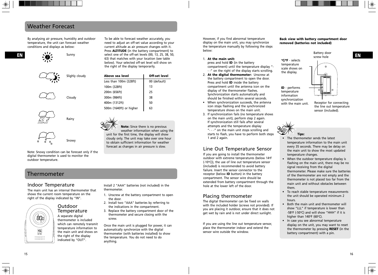 Thermometer, Weather forecast, Placing thermometer | Line out temperature sensor, Indoor temperature, Outdoor temperature | GE Spacemaker 7-5400 User Manual | Page 10 / 12