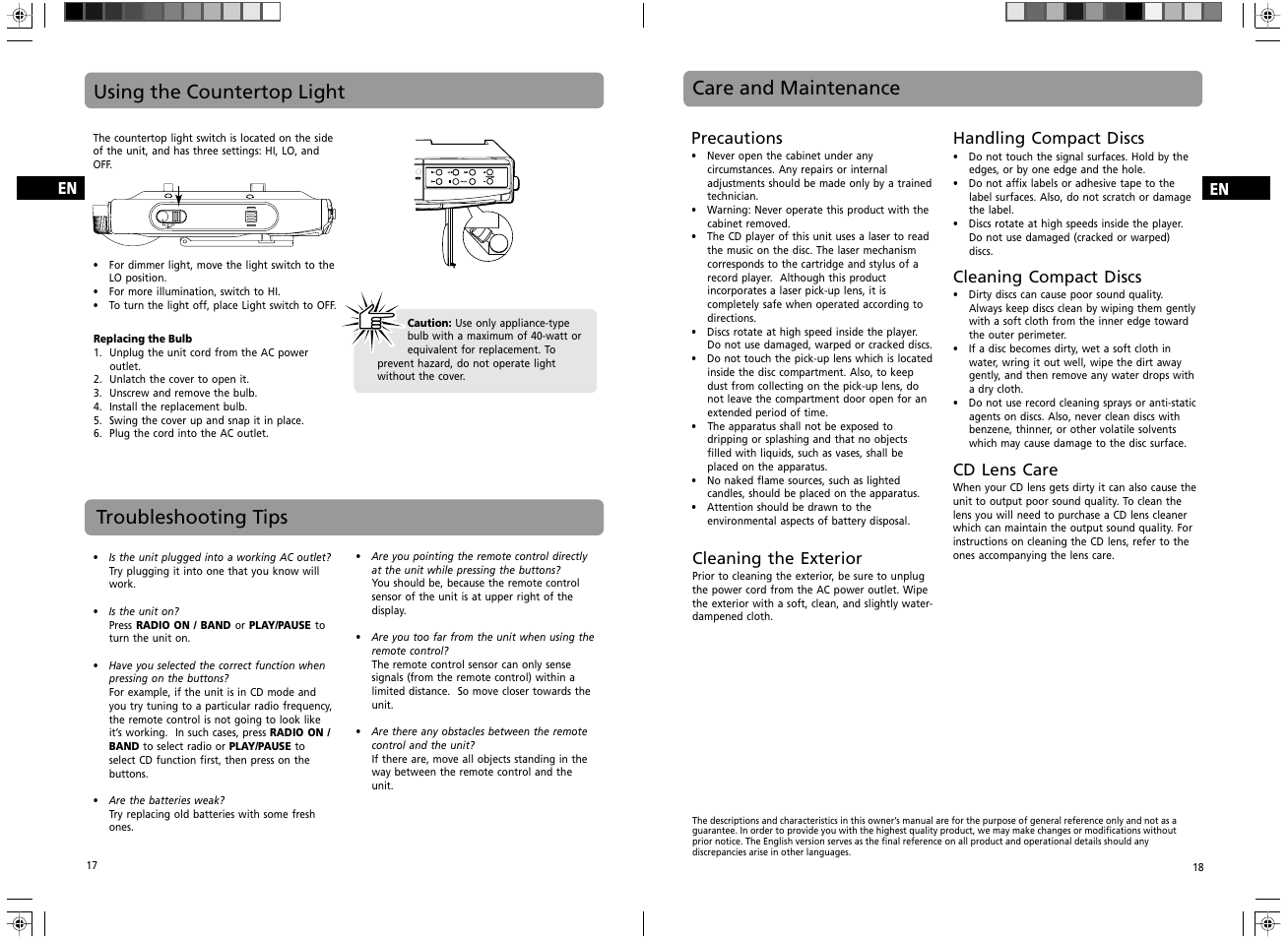 Care and maintenance, Troubleshooting tips, Using the countertop light | GE Spacemaker 7-5400 User Manual | Page 11 / 12