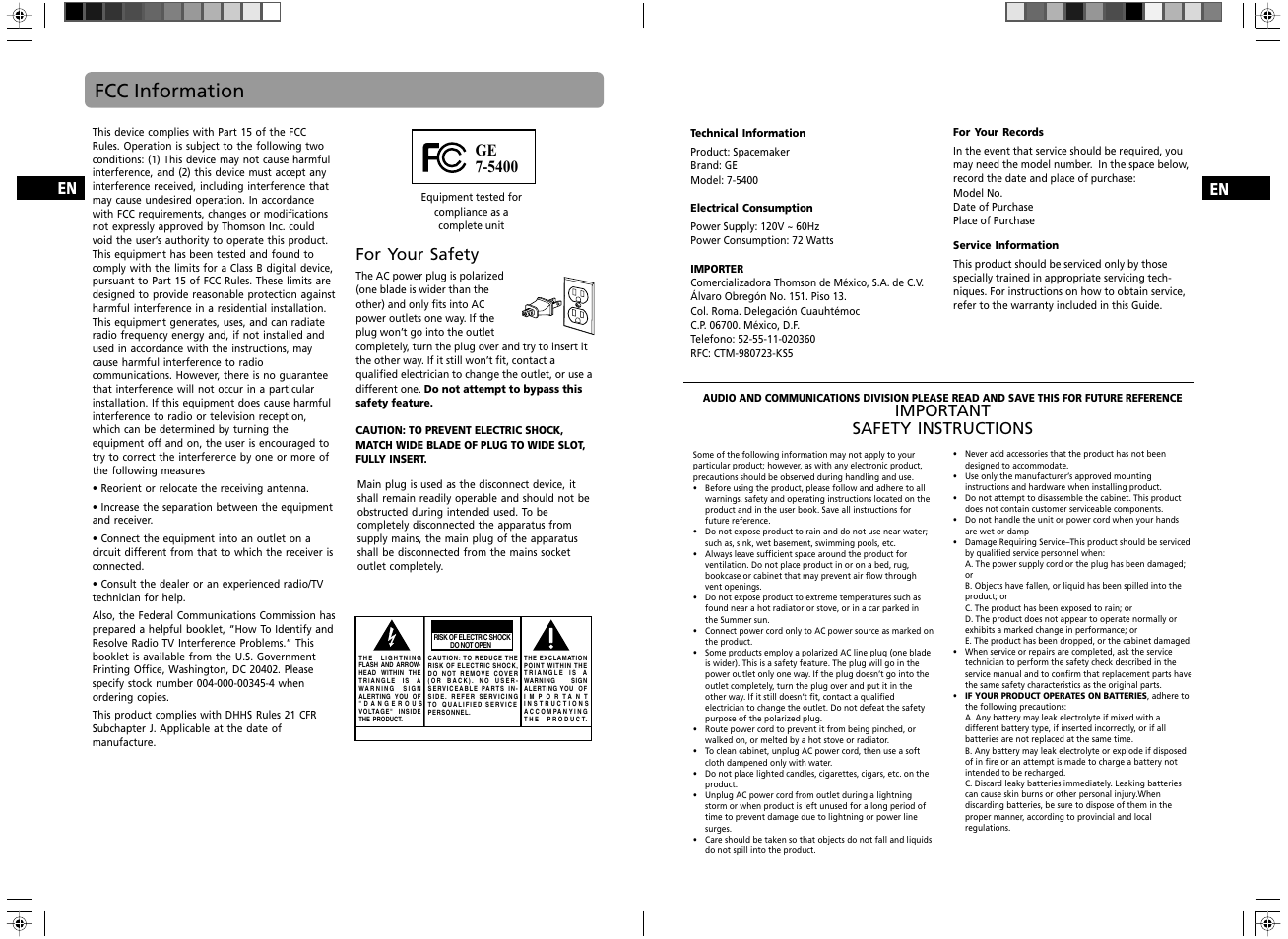 Fcc information, Important safety instructions, For your safety | GE Spacemaker 7-5400 User Manual | Page 2 / 12