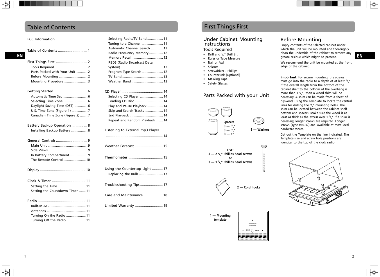 First things first, Under cabinet mounting instructions, Parts packed with your unit | Before mounting | GE Spacemaker 7-5400 User Manual | Page 3 / 12