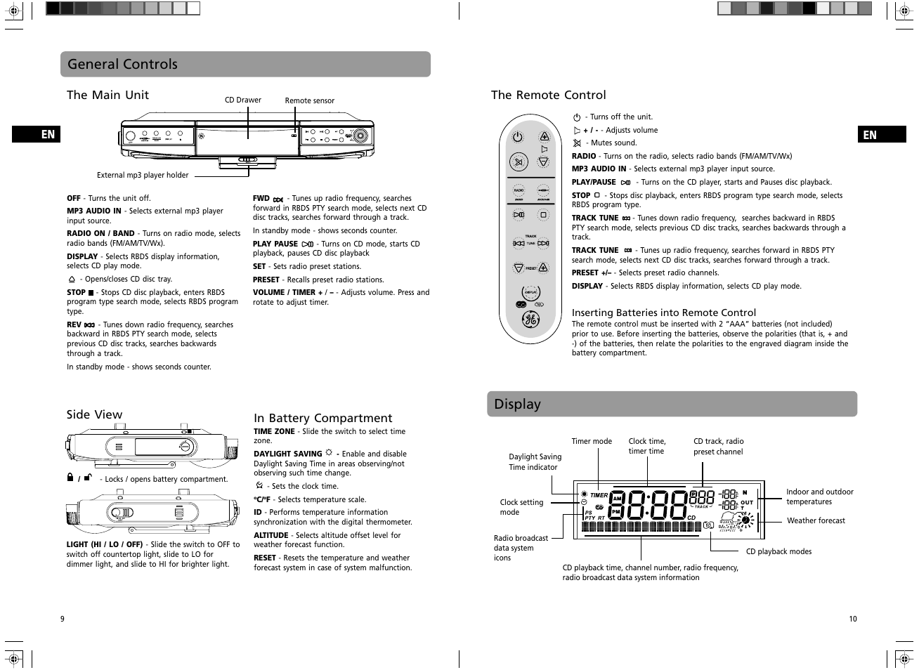 Display, General controls, The remote control | Side view, The main unit | GE Spacemaker 7-5400 User Manual | Page 7 / 12