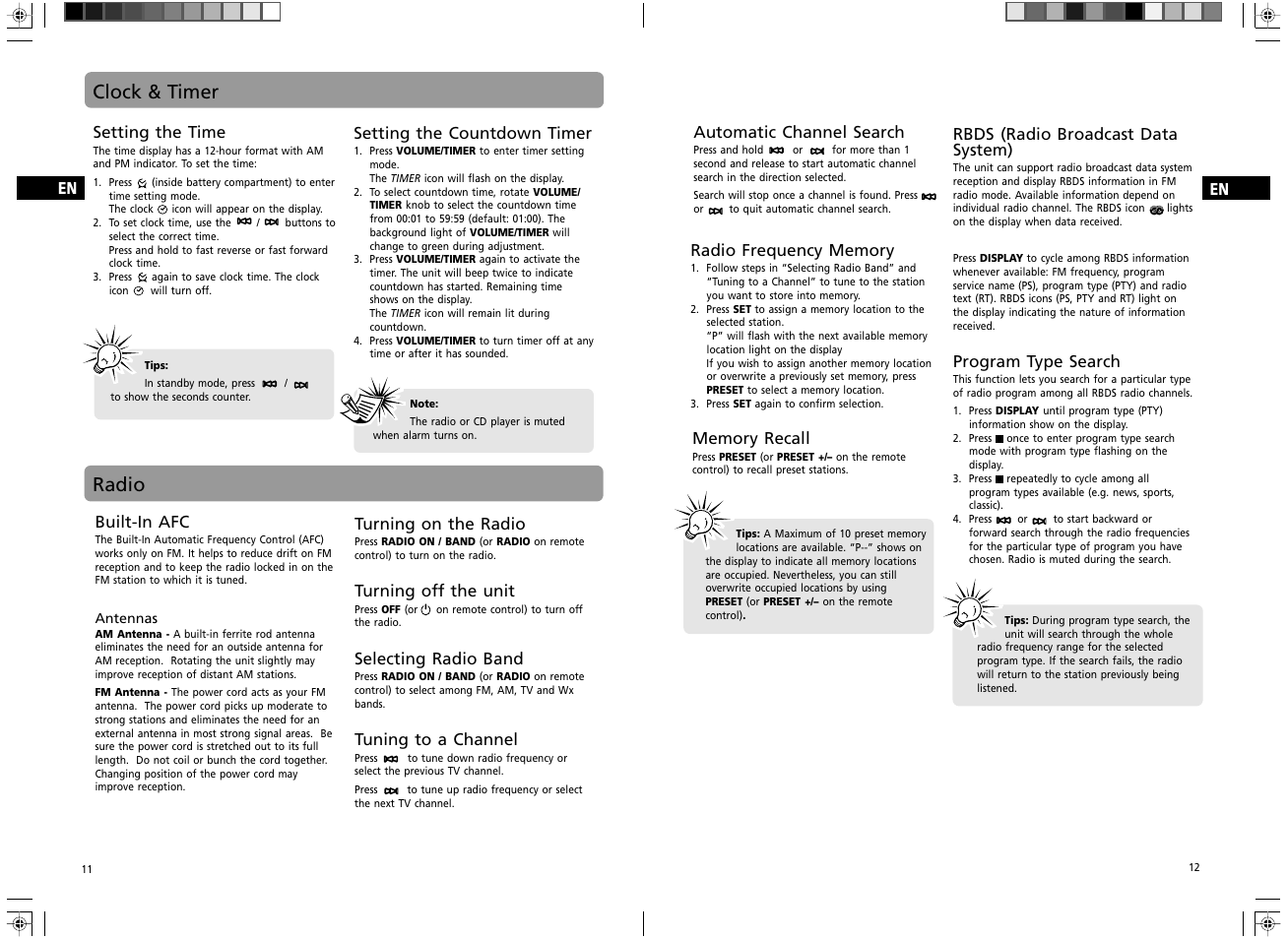 Clock & timer, Radio | GE Spacemaker 7-5400 User Manual | Page 8 / 12