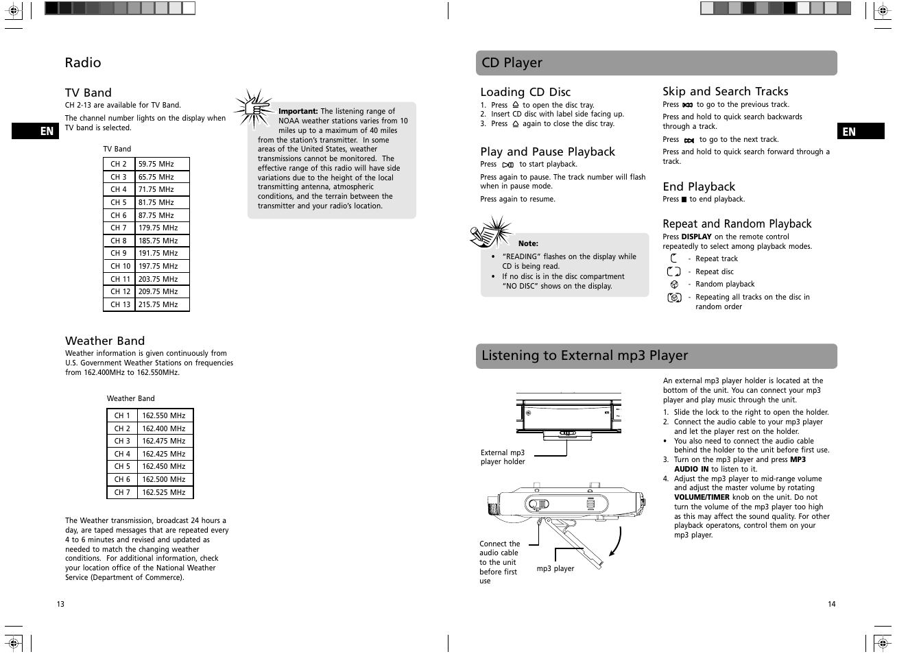 Cd player, Listening to external mp3 player, Radio | GE Spacemaker 7-5400 User Manual | Page 9 / 12