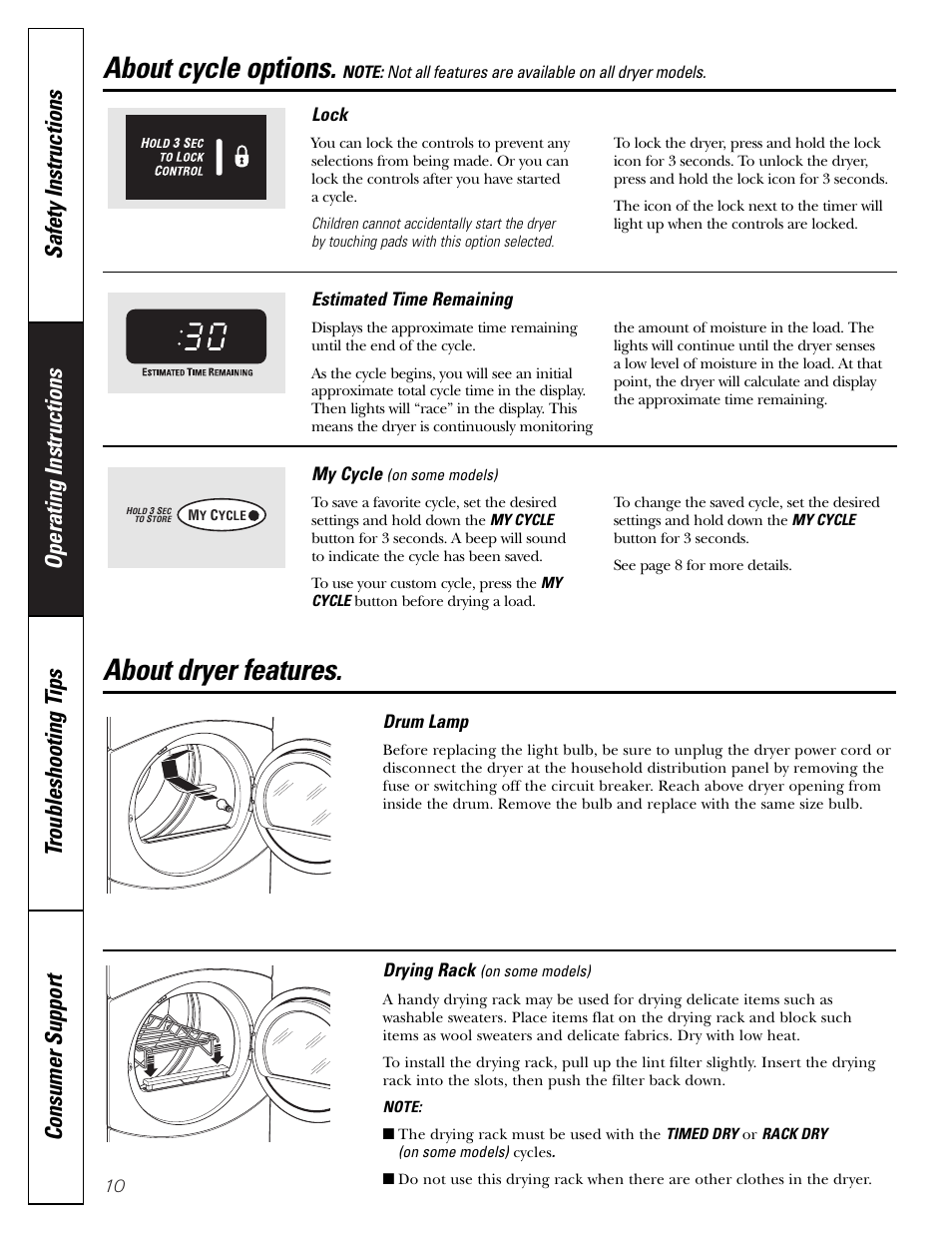 Dryer features, About cycle options, About dryer features | GE DBVH510 User Manual | Page 10 / 56