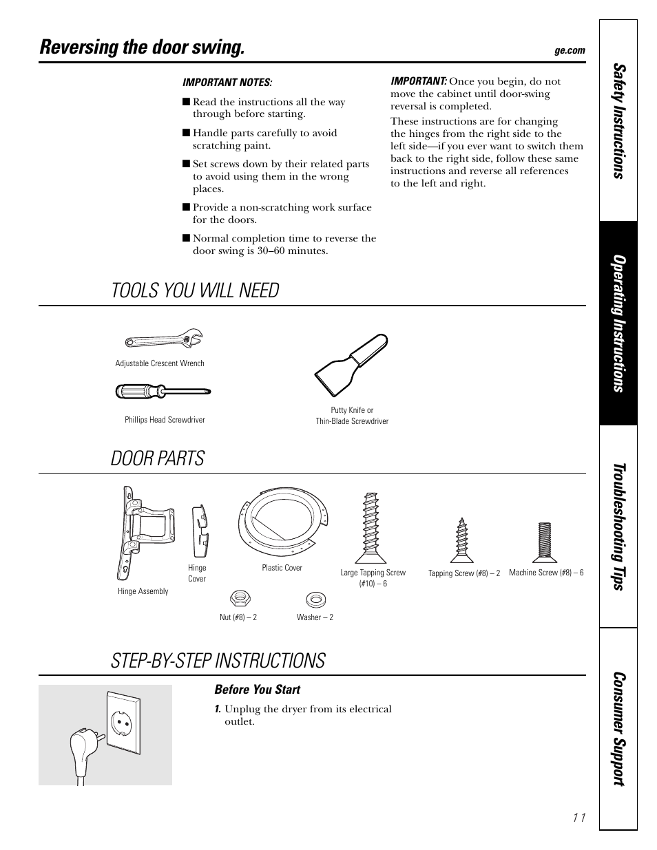 Reversing the door swing, Reversing the door swing –15, Tools you will need | Door parts, Step-by-step instructions | GE DBVH510 User Manual | Page 11 / 56