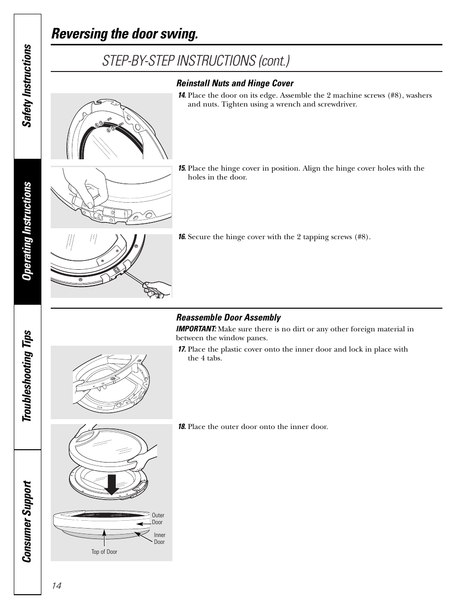 Step-by-step instructions (cont.), Reversing the door swing | GE DBVH510 User Manual | Page 14 / 56