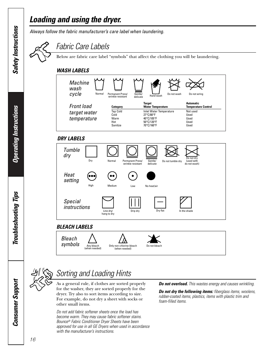 Loading and using the dryer, Loading and using the dryer , 17, Fabric care labels | Machine wash cycle, Tumble dry, Heat setting, Special instructions, Bleach symbols, Front load target water temperature, Wash labels dry labels bleach labels | GE DBVH510 User Manual | Page 16 / 56