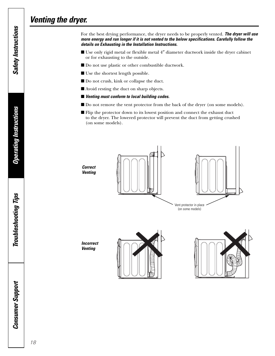 Venting the dryer | GE DBVH510 User Manual | Page 18 / 56