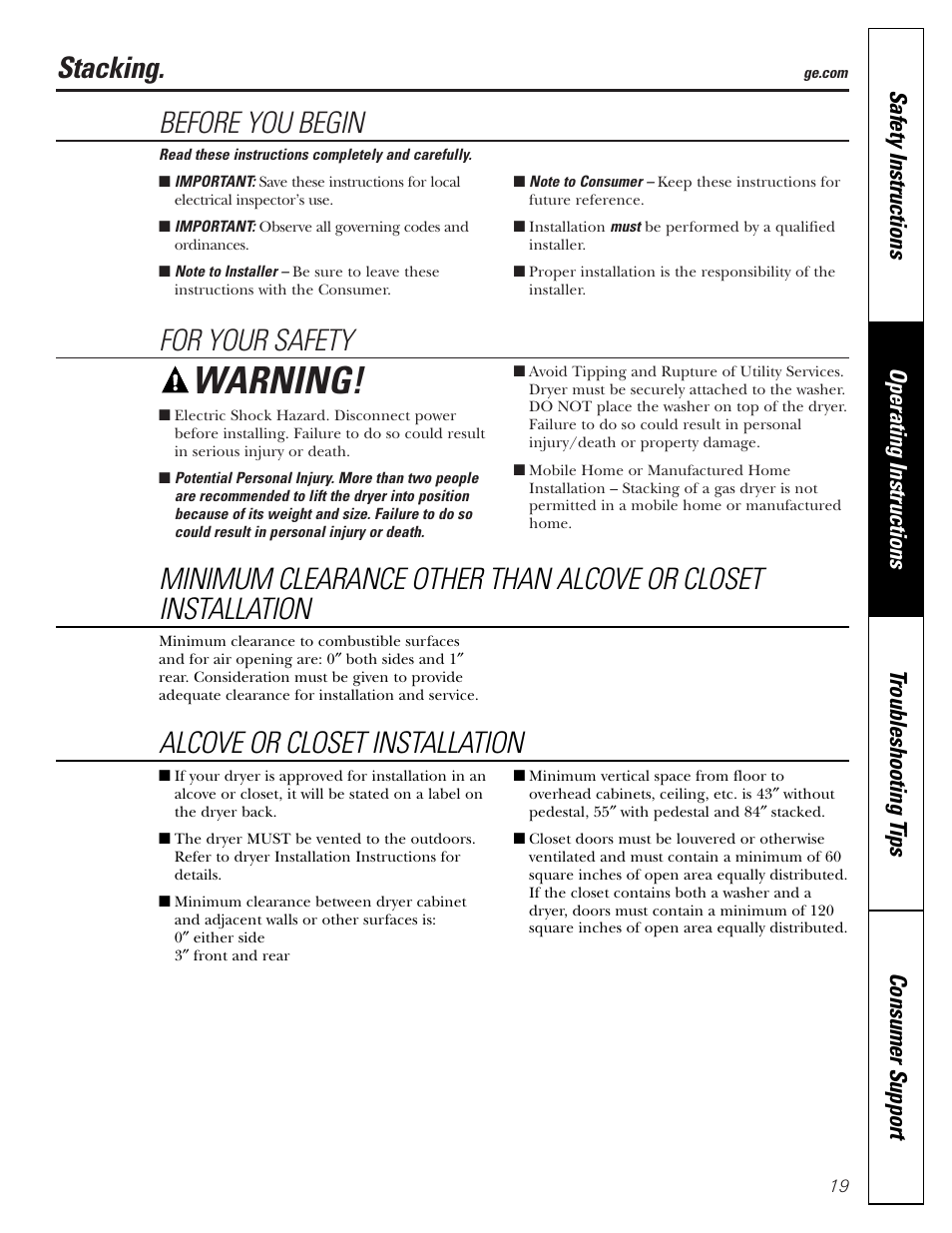 Stacking, Stacking –22, Warning | Before you begin, For your safety, Alcove or closet installation | GE DBVH510 User Manual | Page 19 / 56