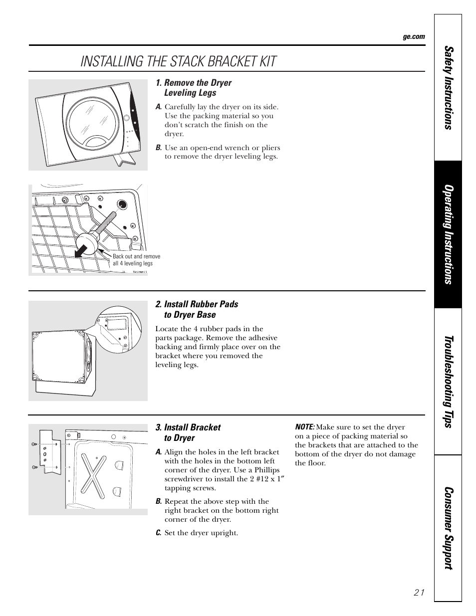 Installing the stack bracket kit | GE DBVH510 User Manual | Page 21 / 56