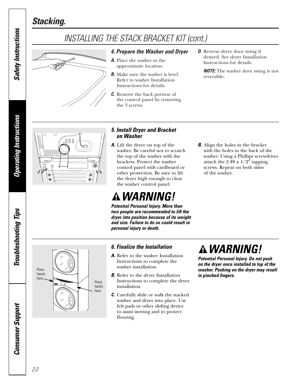 Warning, Stacking, Installing the stack bracket kit (cont.) | GE DBVH510 User Manual | Page 22 / 56