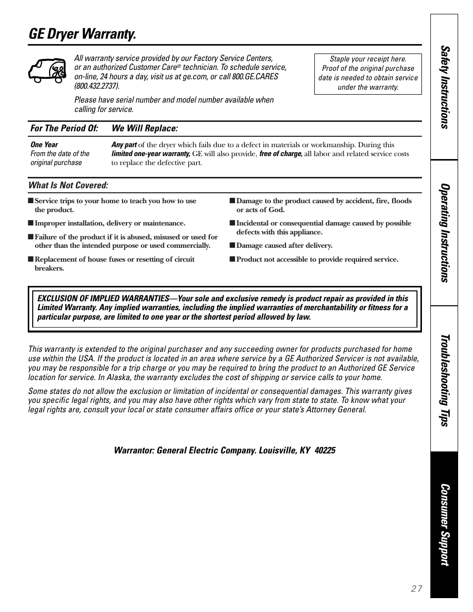 Warranty, Ge dryer warranty | GE DBVH510 User Manual | Page 27 / 56