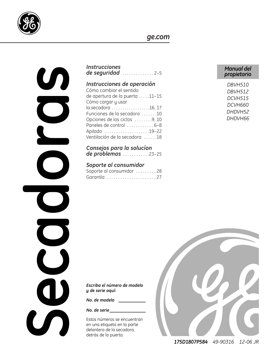 Español, Instrucciones de operación, Soporte al consumidor | Secadoras | GE DBVH510 User Manual | Page 29 / 56