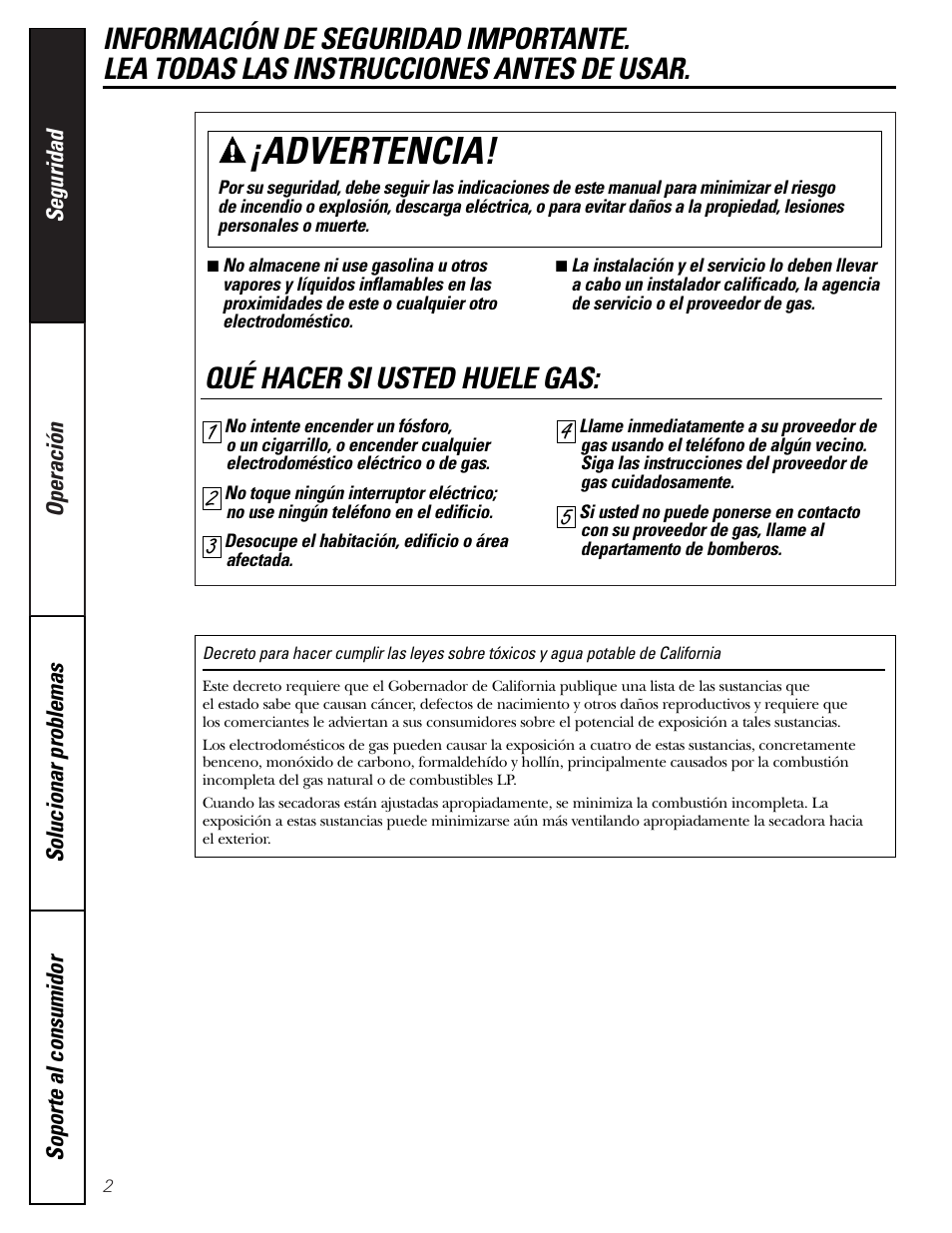 Instrucciones de seguridad, Advertencia, Qué hacer si usted huele gas | GE DBVH510 User Manual | Page 30 / 56