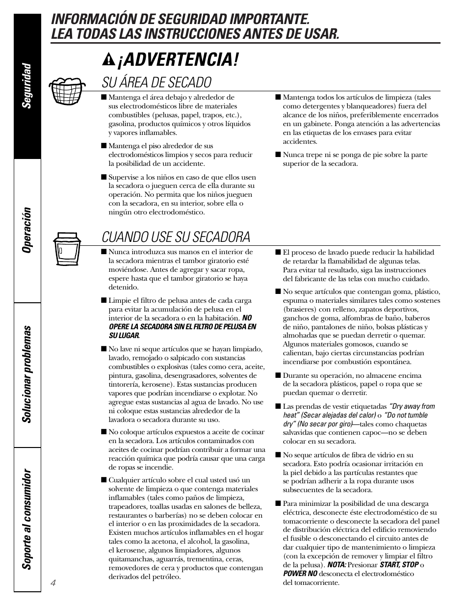 Advertencia, Su área de secado, Cuando use su secadora | GE DBVH510 User Manual | Page 32 / 56