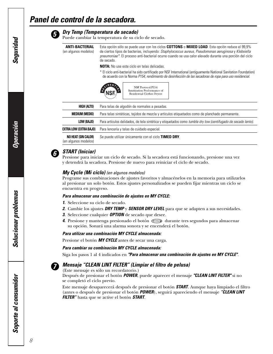 Panel de control de la secadora | GE DBVH510 User Manual | Page 36 / 56