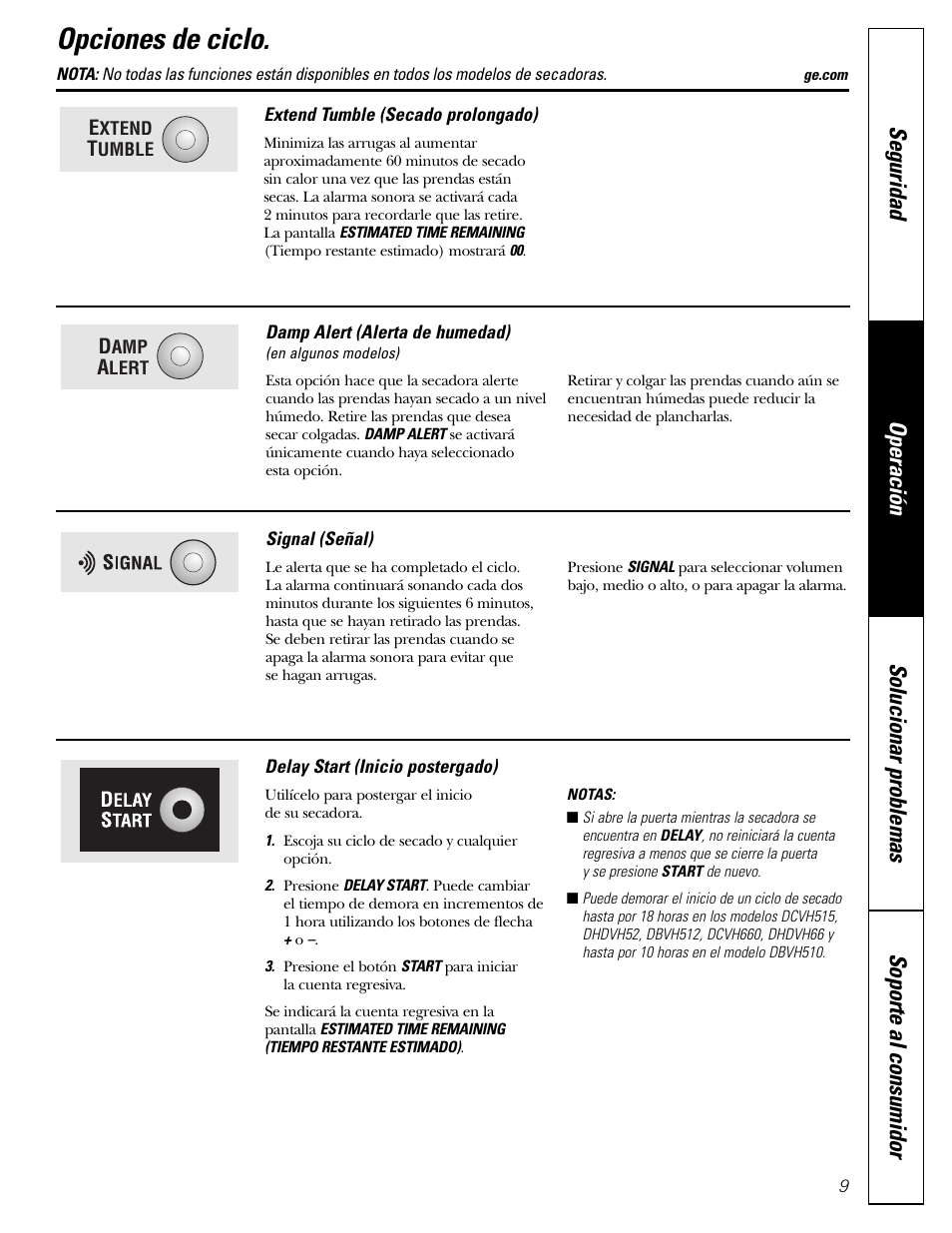 Opciones de los ciclos, Opciones de los ciclos , 10, Opciones de ciclo | GE DBVH510 User Manual | Page 37 / 56