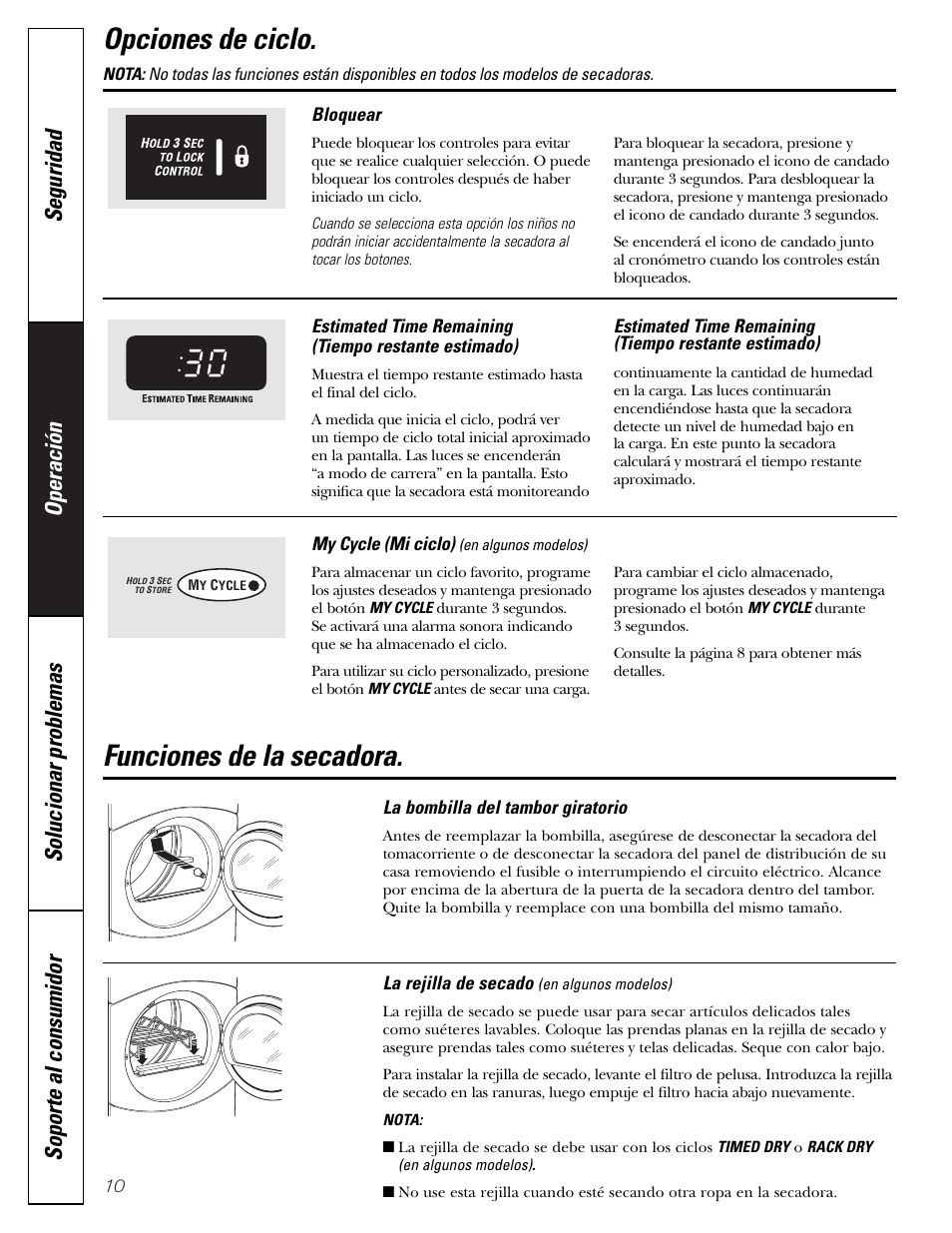Funciones de la secadora, Opciones de ciclo | GE DBVH510 User Manual | Page 38 / 56
