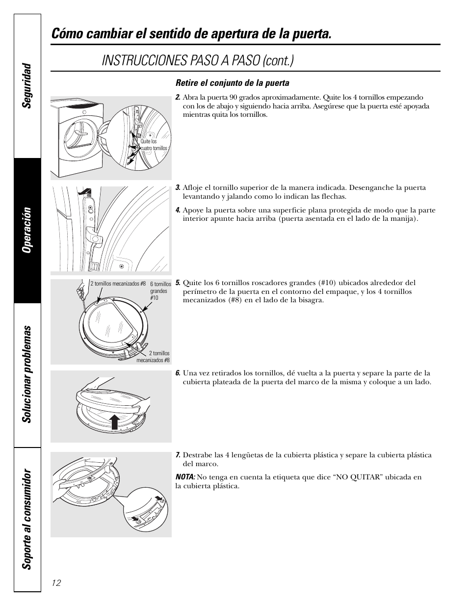 Instrucciones paso a paso (cont.), Cómo cambiar el sentido de apertura de la puerta | GE DBVH510 User Manual | Page 40 / 56