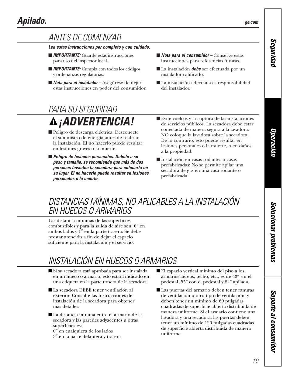 Apilado, Apilado –22, Advertencia | Antes de comenzar, Para su seguridad, Instalación en huecos o armarios | GE DBVH510 User Manual | Page 47 / 56