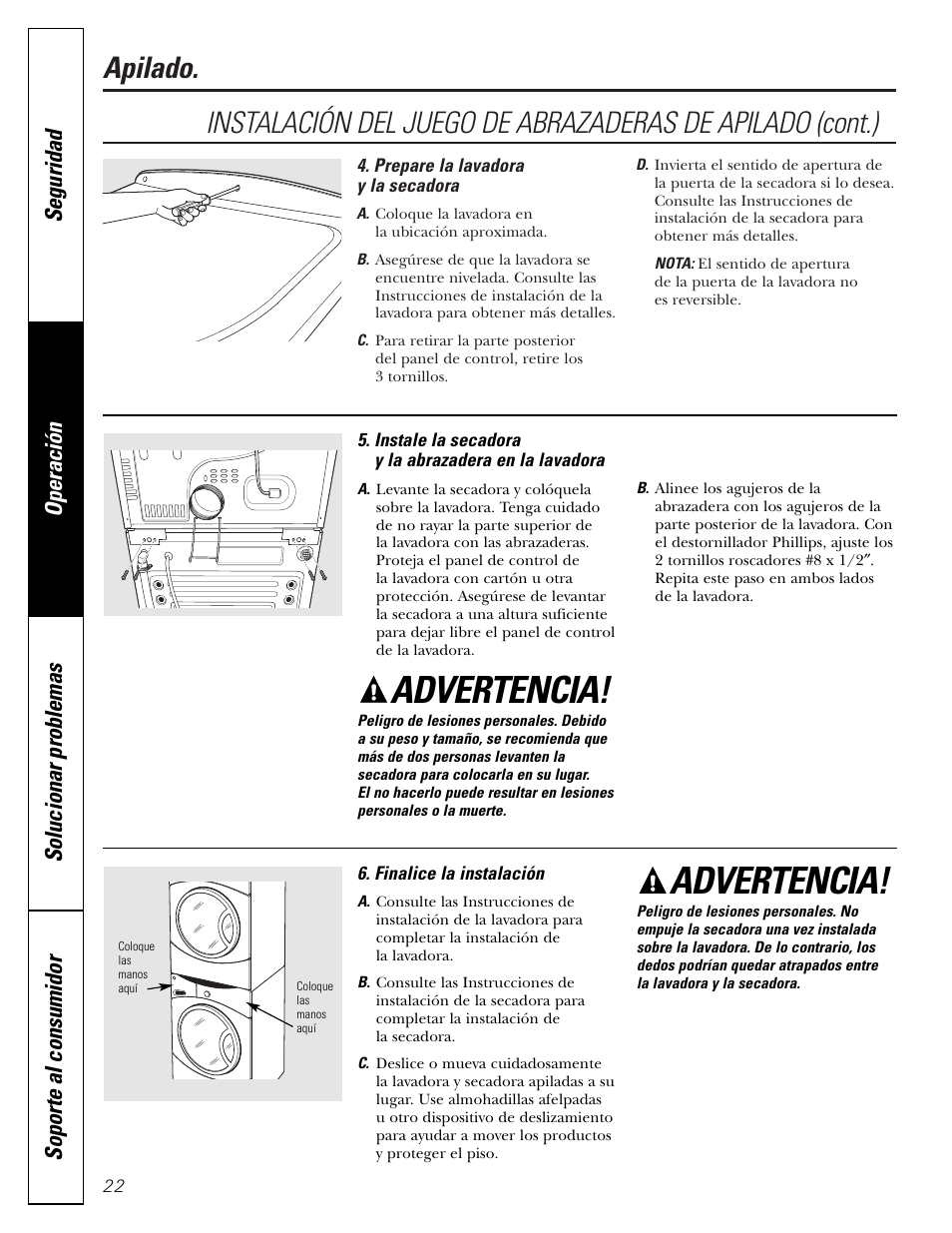 Advertencia, Apilado | GE DBVH510 User Manual | Page 50 / 56