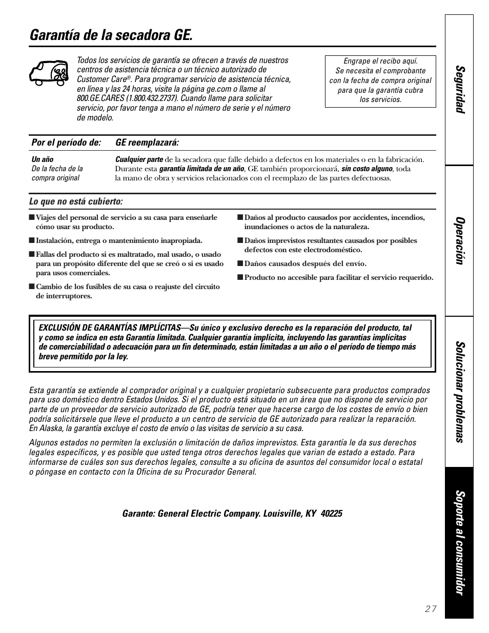 Garantía, Garantía de la secadora ge | GE DBVH510 User Manual | Page 55 / 56