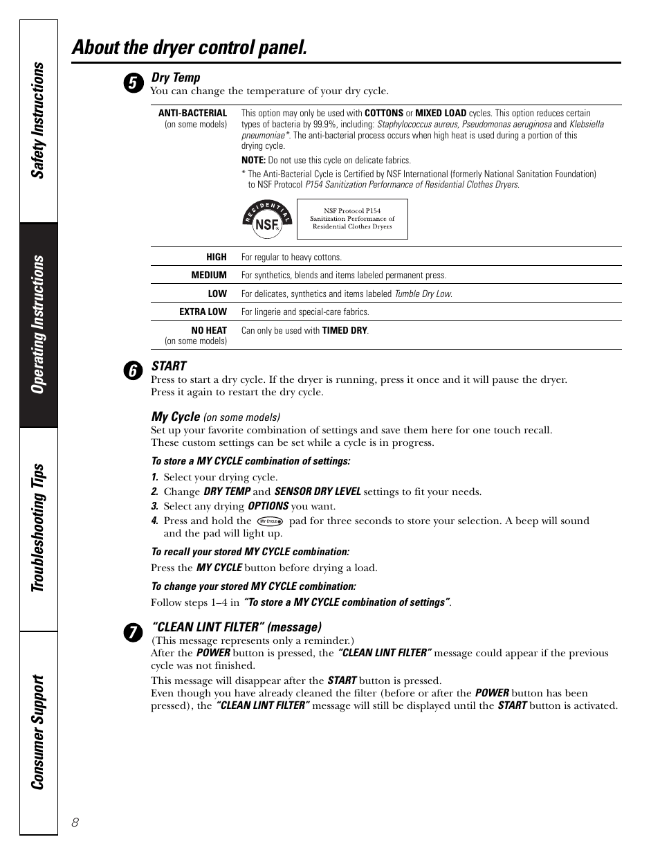 About the dryer control panel | GE DBVH510 User Manual | Page 8 / 56