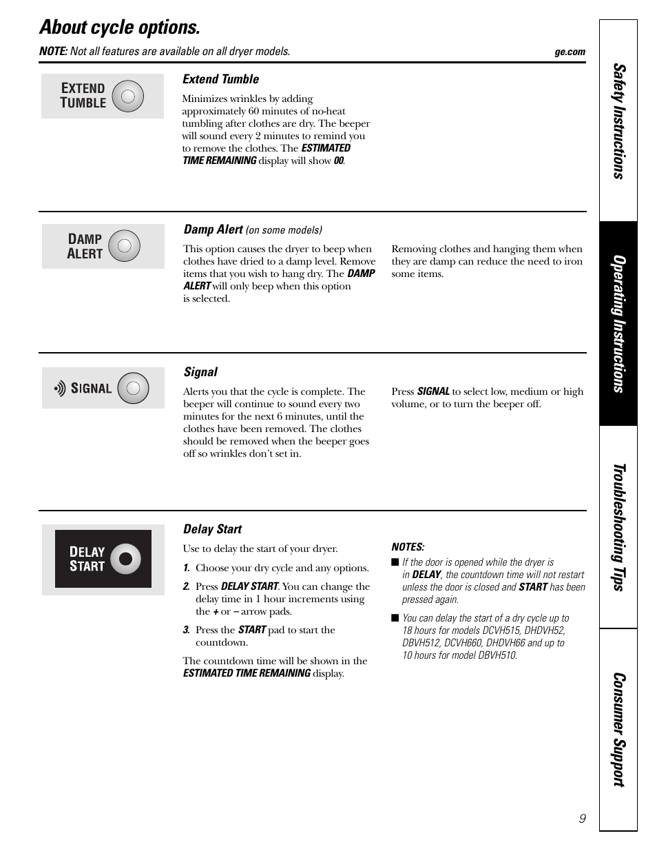 Cycle options, Cycle options , 10, About cycle options | GE DBVH510 User Manual | Page 9 / 56