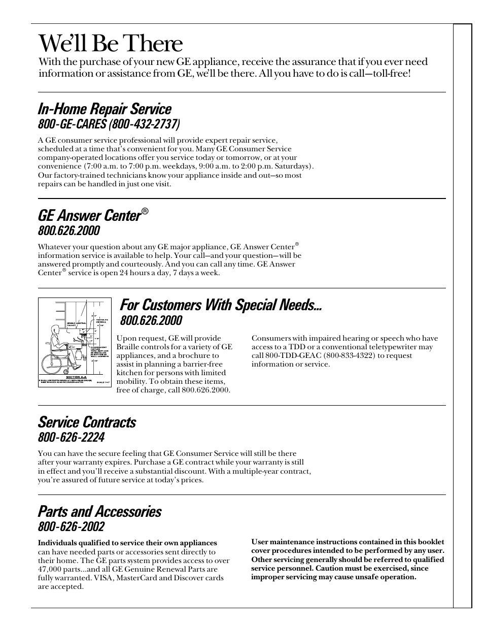 Consumer services, We’ll be there, In-home repair service | Ge answer center, Service contracts, Parts and accessories, For customers with special needs, 2000 consumer services | GE 162D3904P005 User Manual | Page 11 / 12