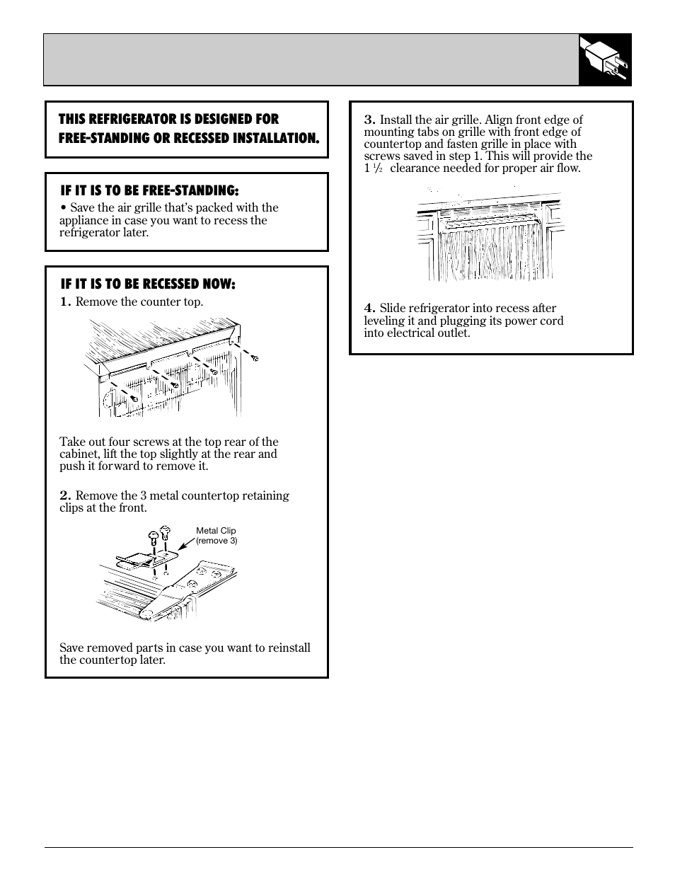 Free-standing or recessed, 7refrigerator installations | GE 162D3904P005 User Manual | Page 7 / 12