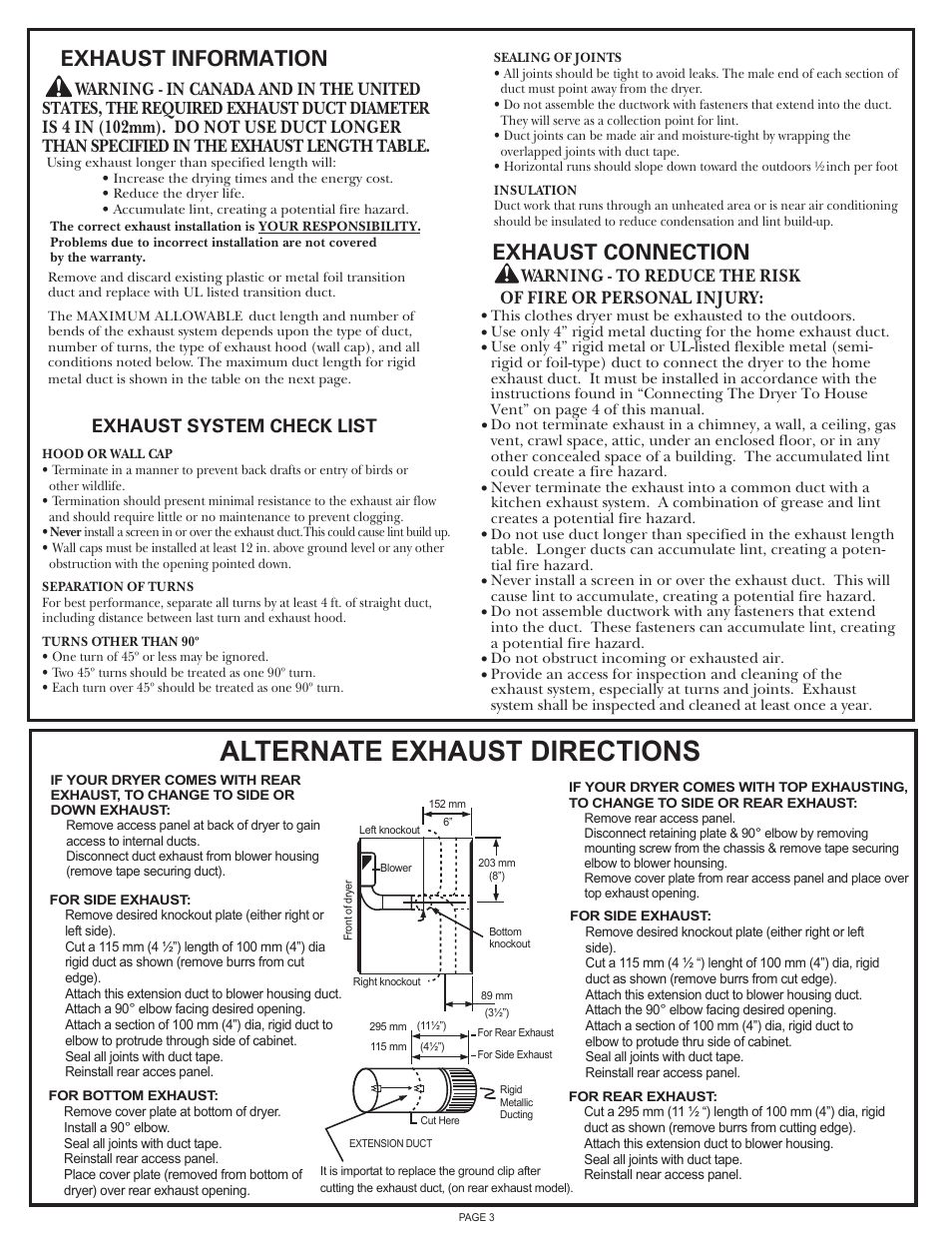 Alternate exhaust directions, Exhaust information, Exhaust connection | Exhaust system check list | GE Spacemaker DSKS333 User Manual | Page 3 / 4