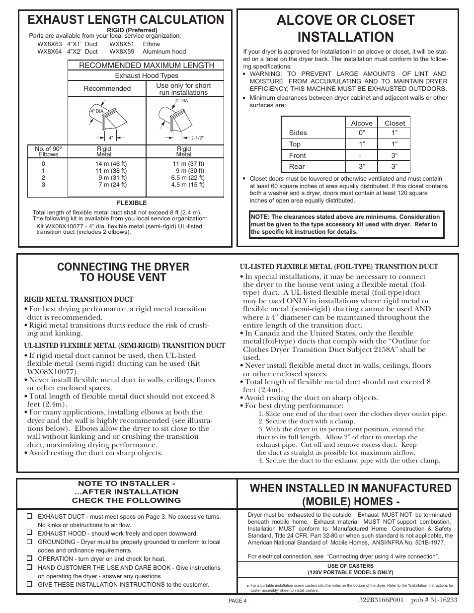 Alcove or closet installation, Exhaust length calculation, When installed in manufactured (mobile) homes | Connecting the dryer to house vent | GE Spacemaker DSKS333 User Manual | Page 4 / 4