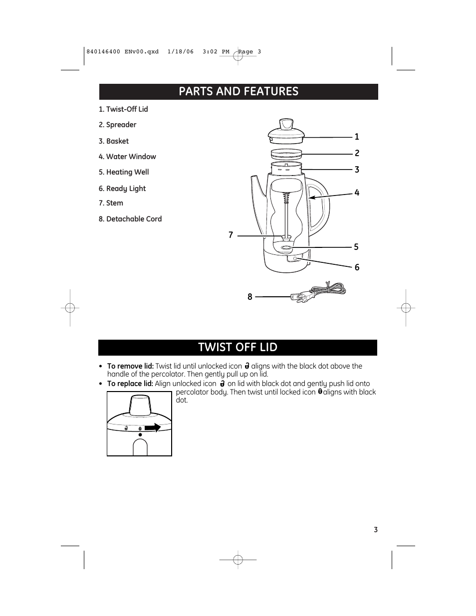 Parts and features twist off lid | GE 106856 User Manual | Page 3 / 6
