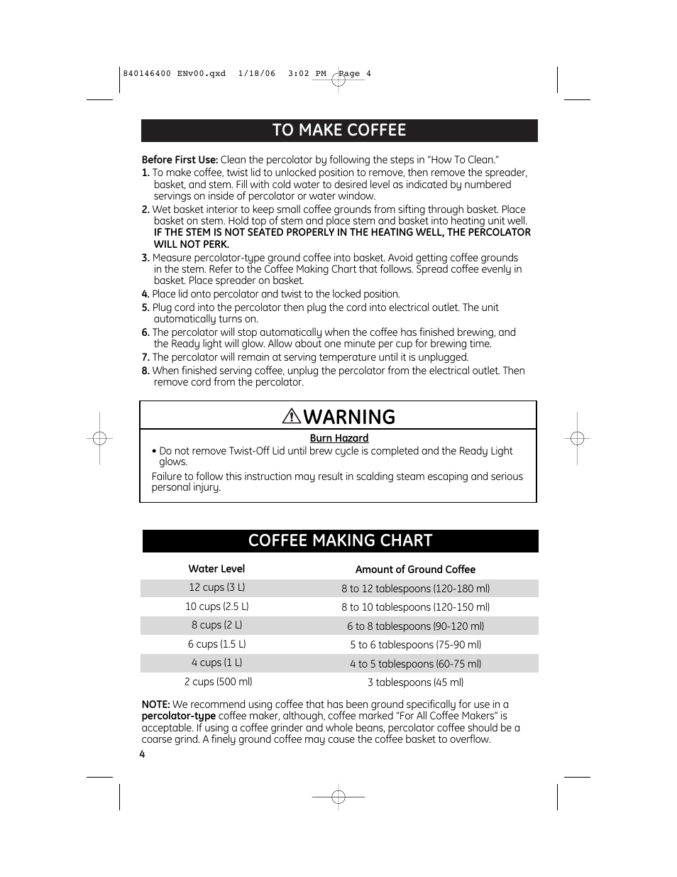 Warning | GE 106856 User Manual | Page 4 / 6