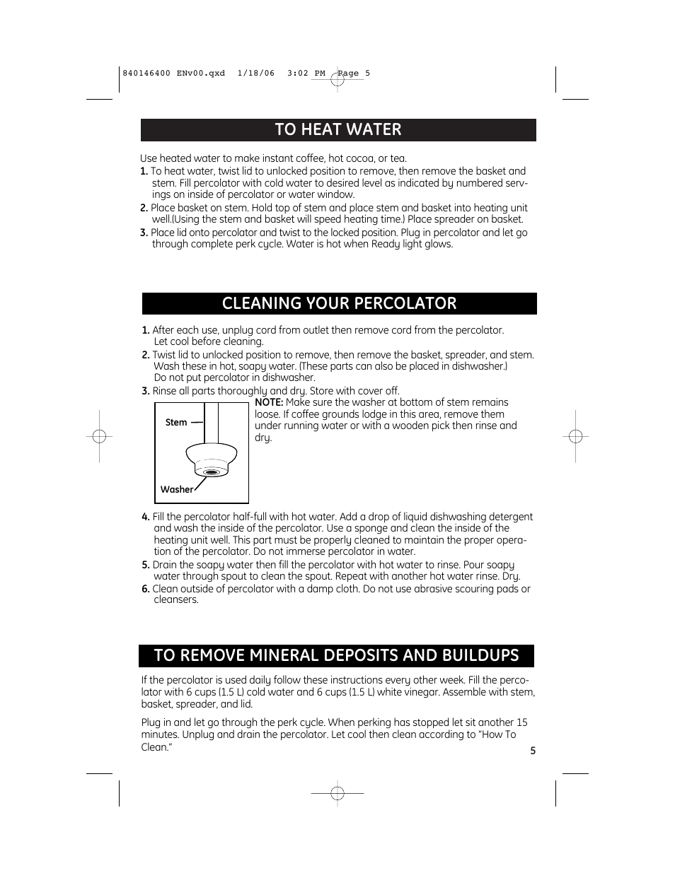 Cleaning your percolator | GE 106856 User Manual | Page 5 / 6