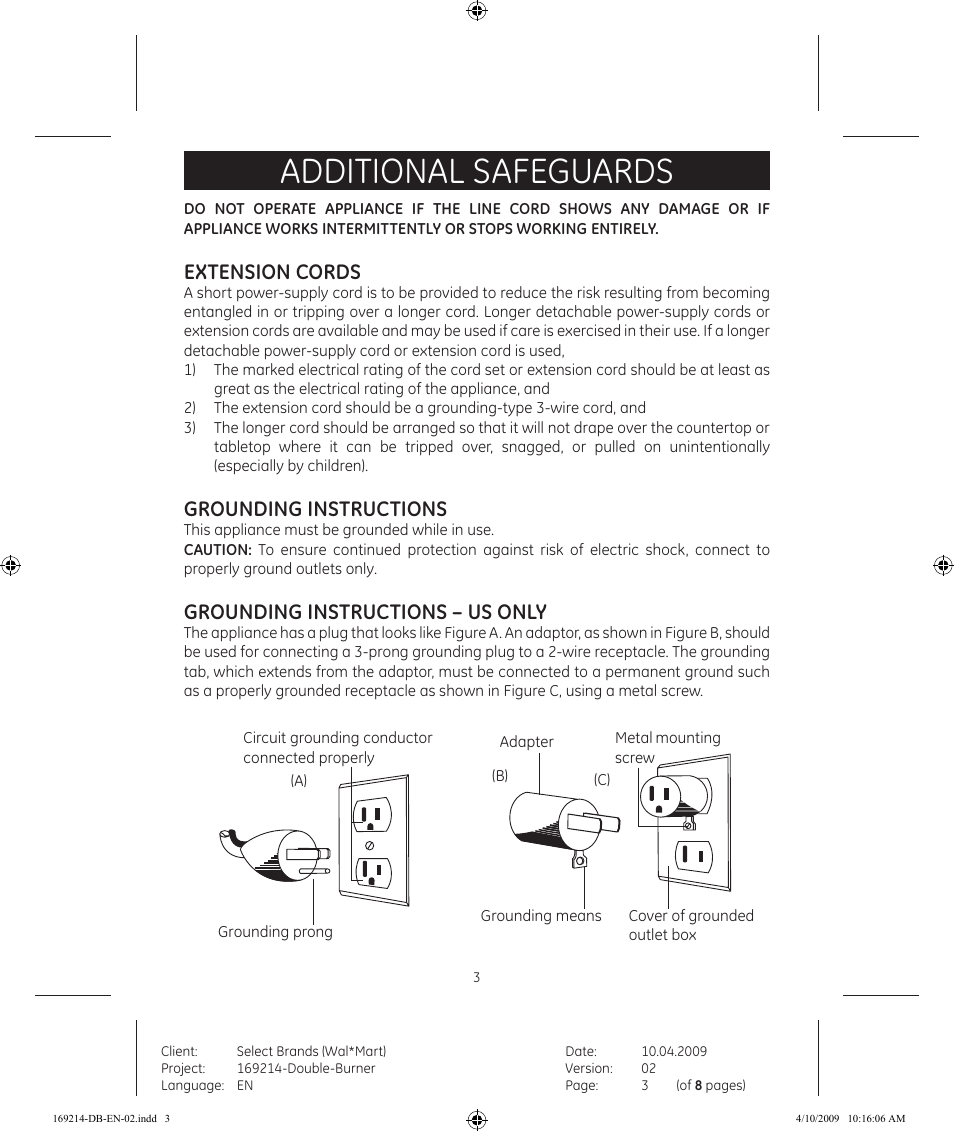 Additional safeguards, Extension cords, Grounding instructions | Grounding instructions – us only | GE 169214 User Manual | Page 3 / 8