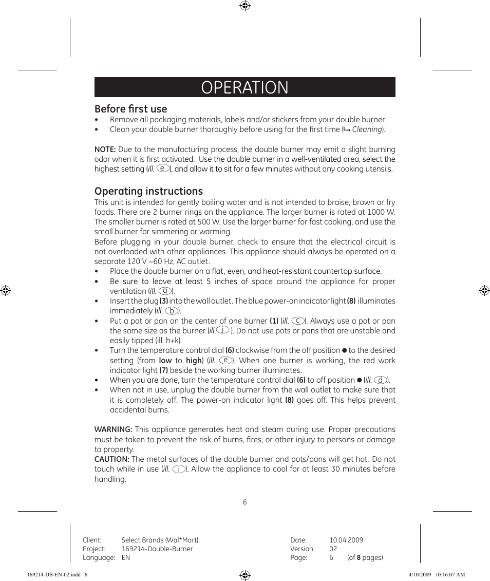 Operation, Before first use, Operating instructions | GE 169214 User Manual | Page 6 / 8