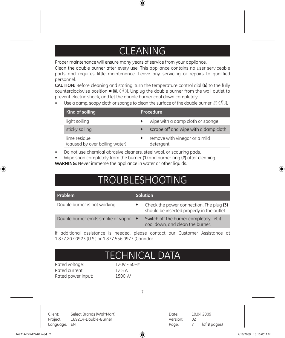 Cleaning, Troubleshooting, Technical data | GE 169214 User Manual | Page 7 / 8