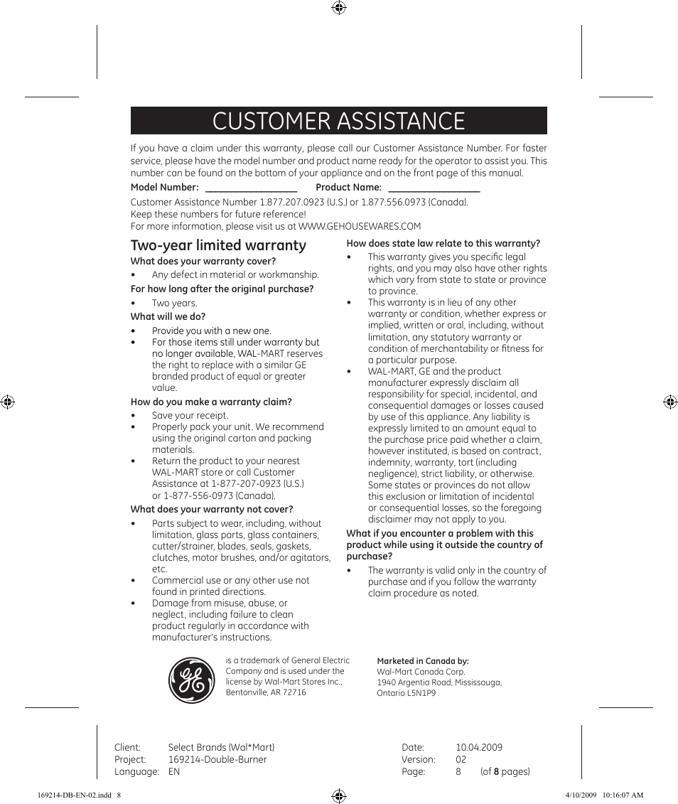 Customer assistance, Two-year limited warranty | GE 169214 User Manual | Page 8 / 8