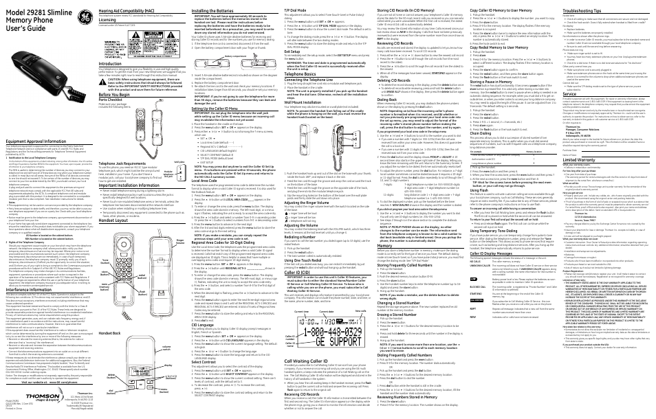 GE Slimline 00021389 User Manual | 2 pages