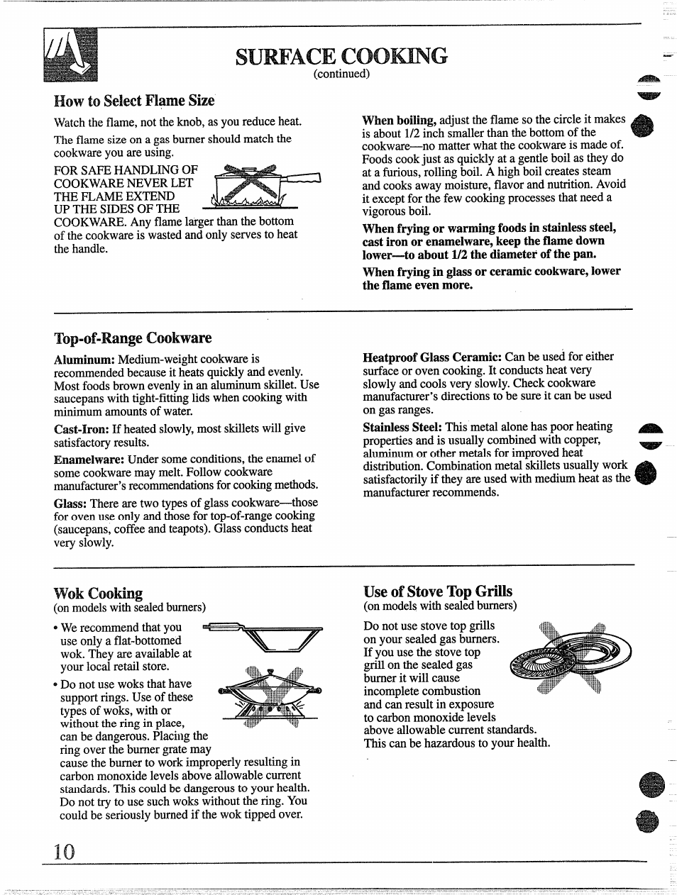 Surface cooking, How to select flame size, Top-of-range cookware | Wok cooking, Use of stove top grills, Flame size , 34, 35,46 | GE 49-8338 User Manual | Page 10 / 49