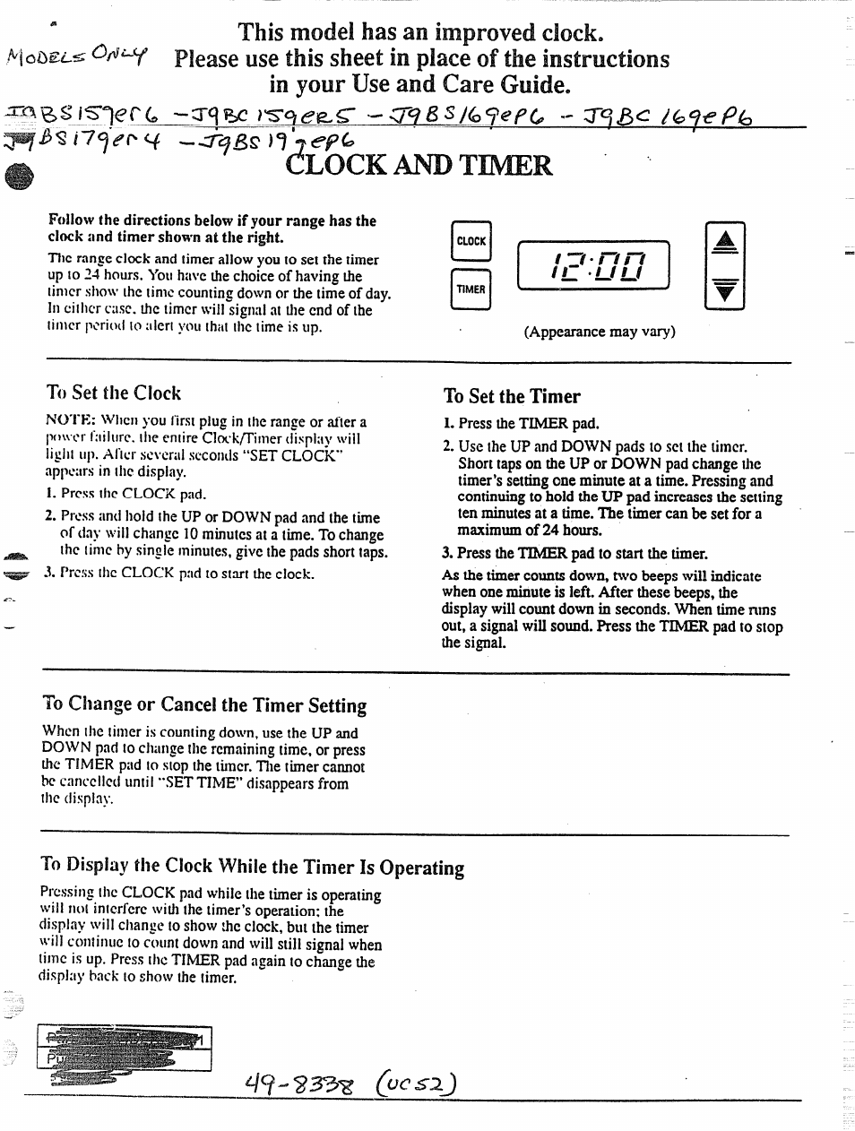 S .‘7q>c cf n 7, Clock and timer, To set the clock | To set the timer, Io change or cancel the timer setting, To display the clock while the timer is operating, This model has an improved clock. aiodei-s, S-q<?e.sr, Oru~y, F _# • f | GE 49-8338 User Manual | Page 11 / 49