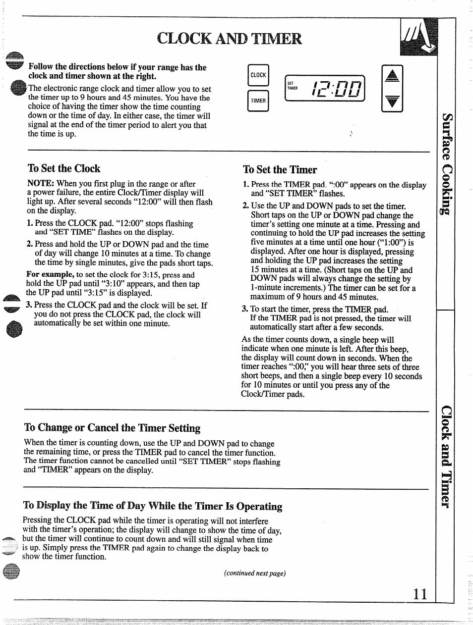 Clock and timer, To set the clock, To set the timer | To change or cancel the timer setting, Clock and timer ,12, I l . - u u | GE 49-8338 User Manual | Page 12 / 49