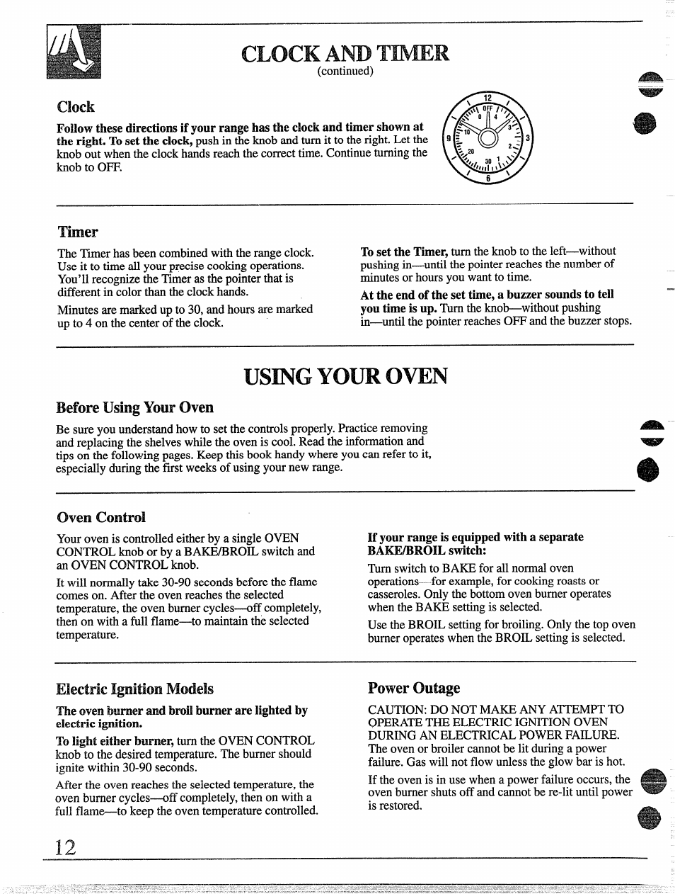 Clock, Timer, Before using your oven | Oven control, Power outage, Control settings ,15, 17,19, Using your oven, Electric ignition models | GE 49-8338 User Manual | Page 13 / 49