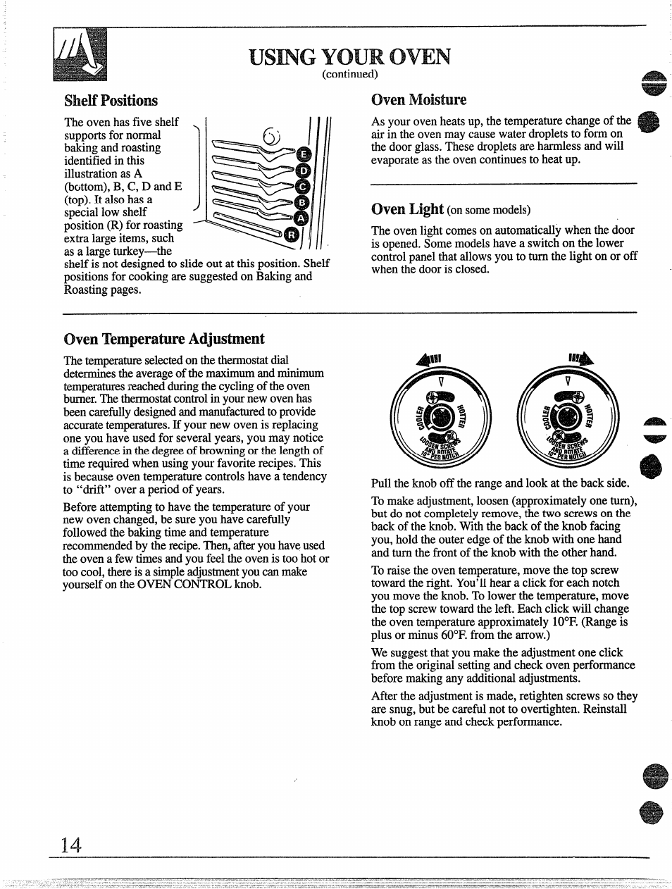 Slielf positìoes, Using your oven, Oven moisture | Oven temperature adjustment, Ittw | GE 49-8338 User Manual | Page 15 / 49