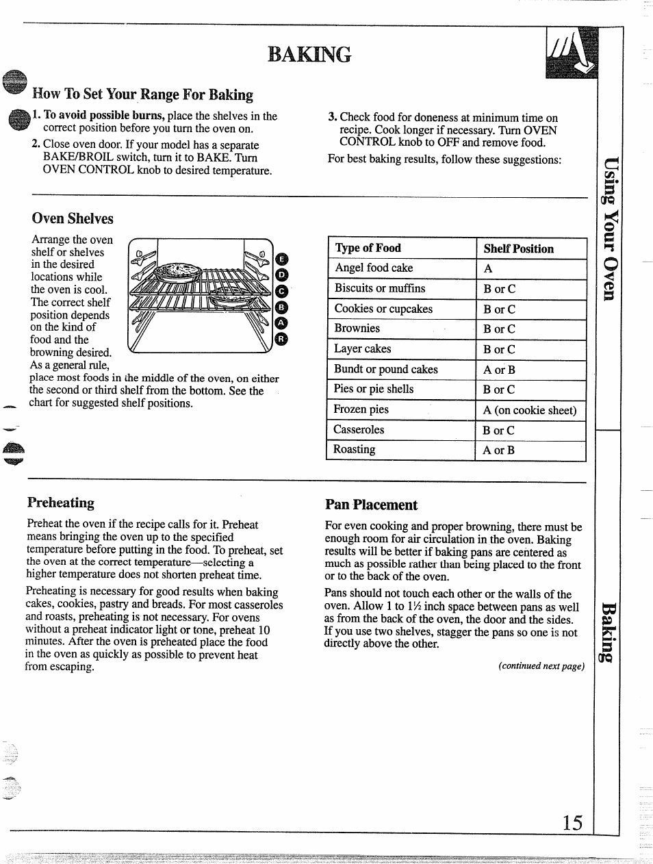 Baking, How to set your range for baking, Oven shelves | Preheating, Pan piacement, Baking ,16, Preheating ,18 | GE 49-8338 User Manual | Page 16 / 49