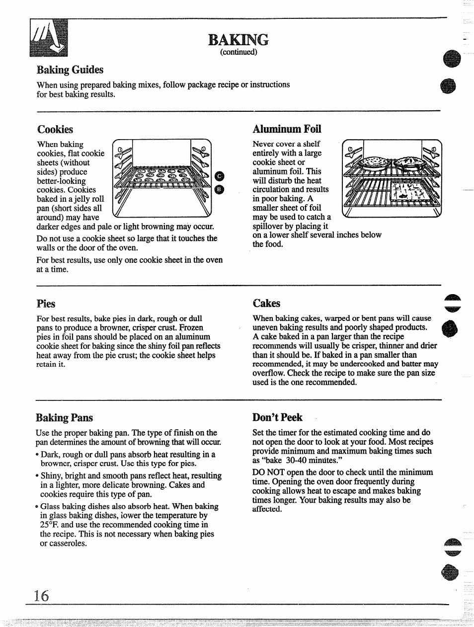 Baking, Baking guides, Cookies | Pies, Cakes, Baking fans, Don’t peek, F\ j, Alimiiniim foo | GE 49-8338 User Manual | Page 17 / 49