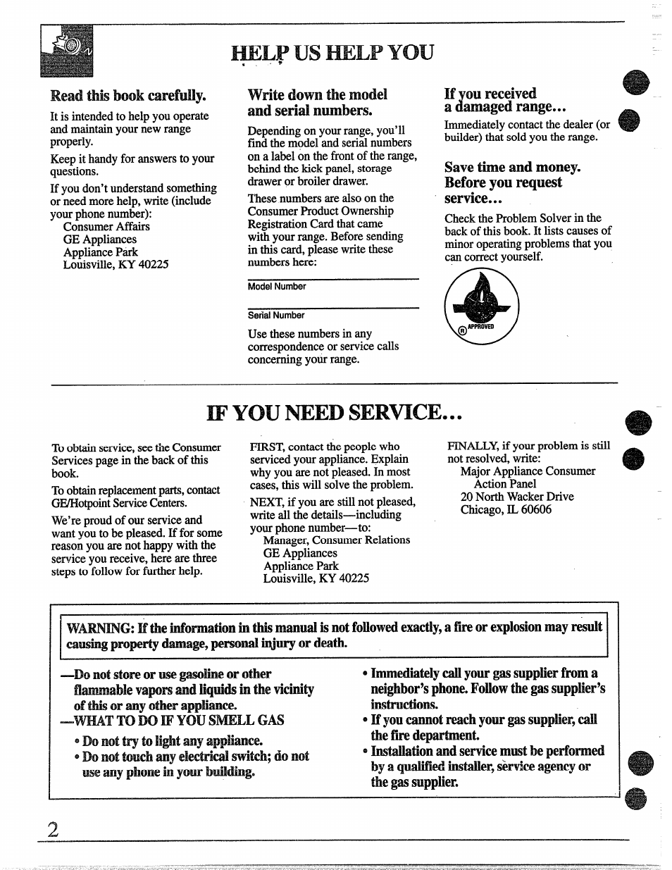 Mead this book carefully, Write down the mode! and serial numbers, Save time and money. before you request service | Safety, Help us help you, If you need service | GE 49-8338 User Manual | Page 2 / 49